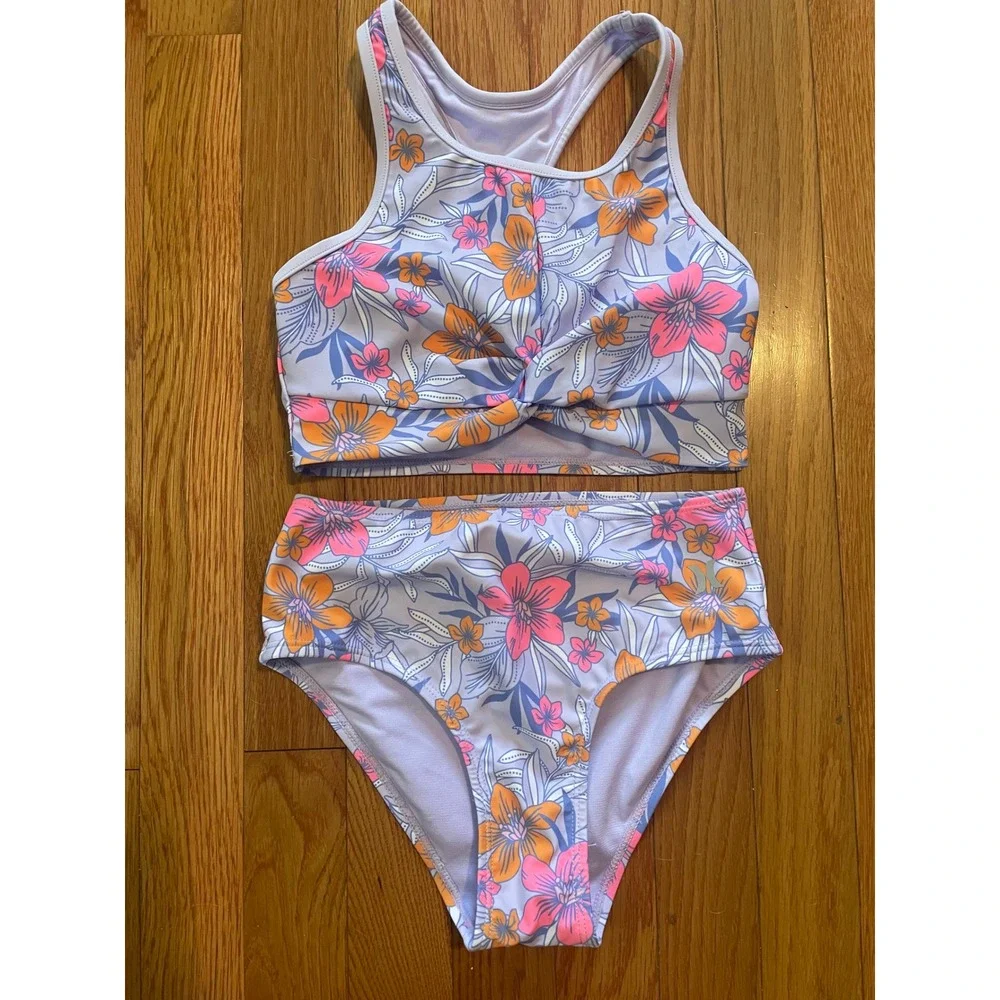 Hurley Girls Purple Floral Twist Front High Waist Bikini Set UPF 50+ Size M 7/8